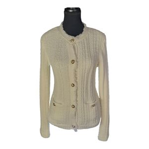Tahari Button-up White Fringle Cable Knit Blazer